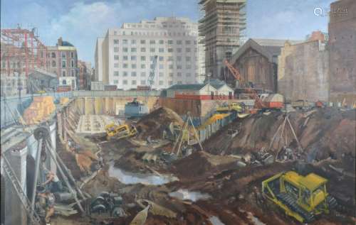 Henry James Neave 'View of a Construction Site in a City Landscape' oil on canvas, signed and