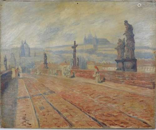 Ecole de l'EST vers 1900 : le pont de Prague. Huil…