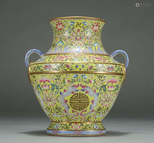 QIANLONG MARK, CHINESE YELLOW GROUND GILT FAMILLE ROSE VASE