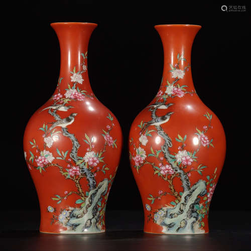 YONGZHENG MARK, PAIR OF CHINESE CORAL RED GLAZED VASE