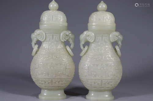 PAIR OF CHINESE CARVED HETIAN JADE VASE