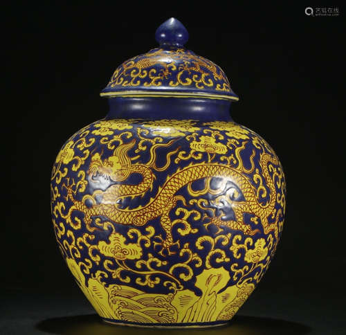 JIAJING MARK, CHINESE BLUE GLAZED YELLOW COLORED DRAGON JAR