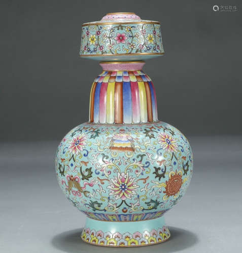 QIANLONG MARK, CHINESE LVSONG GROUND FAMILLE ROSE VASE