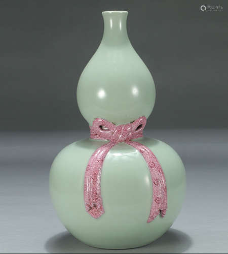 QIANLONG MARK, CHINESE CELADON RED GLAZED GOURD VASE