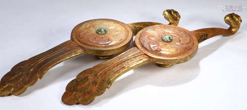 PAIR OF GILT BRONZE RUYI EMBEDDED WITH HETIAN JADE