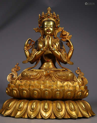 A GILT BRONZE GUANYIN BUDDHA STATUE EMBEDDED WITH GEM