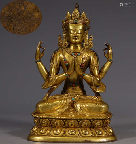 A GILT BRONZE GUANYIN BUDDHA STATUE EMBEDDED WITH GEM