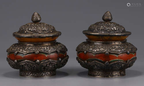 PAIR OF WOOD CENSER EMBEDDED WITH SILVER