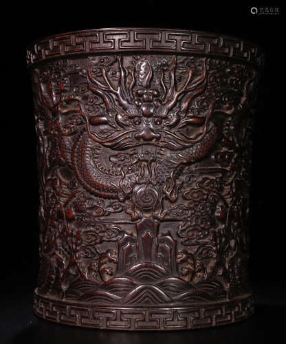 A ZITAN WOOD BRUSH POT CARVED WITH DRAGON PATTERN