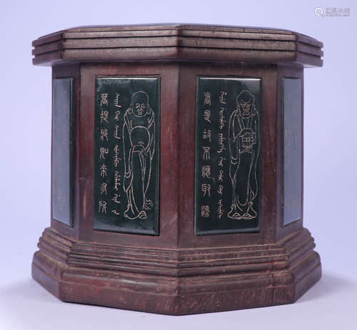 A RED WOOD BRUSH POT CARVED WITH POETRY&FIGURE