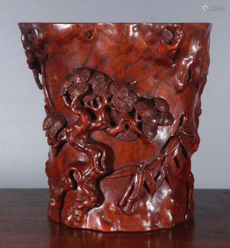 A ZITAN WOOD BRUSH POT CARVED FLOWER