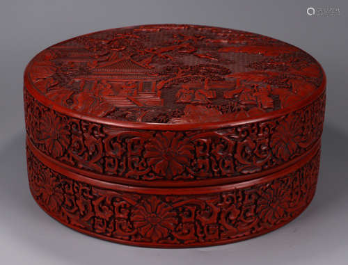 A RED LACQUER BOX CARVED WITH STORY PATTERN