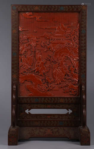 A RED LACQUER SCREEN CARVED WITH STORY