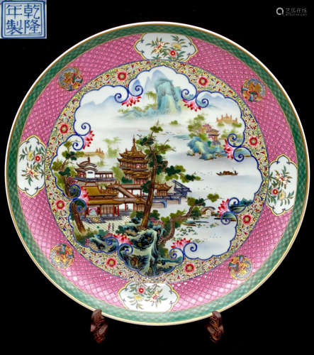 A FAMILLE ROSE GLAZE PLATE WITH LANDSCAPE PATTERN