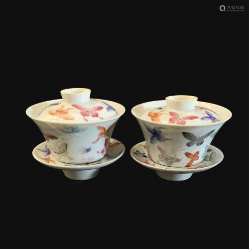 Qing Dynasty Famille Rose Butterfly Pattern Twain Tea Cups with Cap, Tong Zhi Nian Zhi Mark 