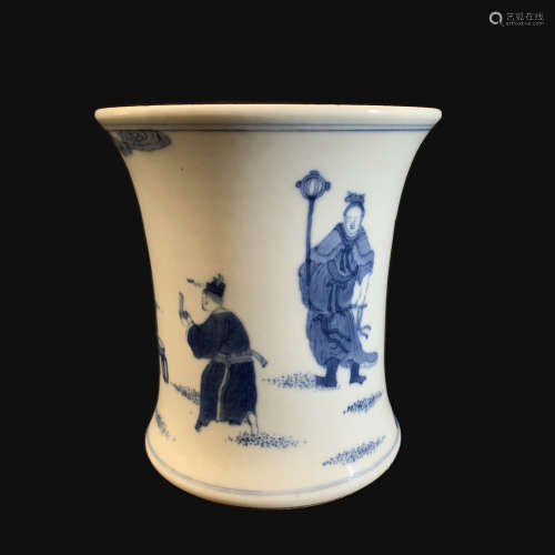 Qing Dynasty Blue and White Character Brush Pot, Apricot Forest and Spring Banquet Mark