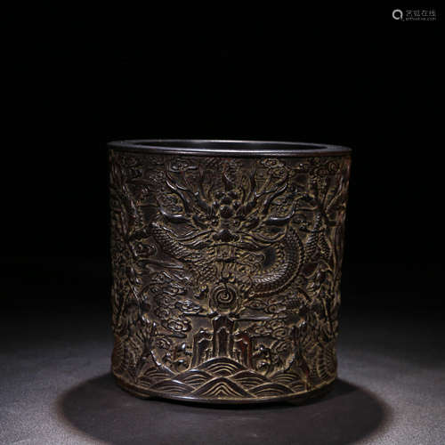 A Chinese Dragon Pattern Red Sandalwood Carved Brush pot