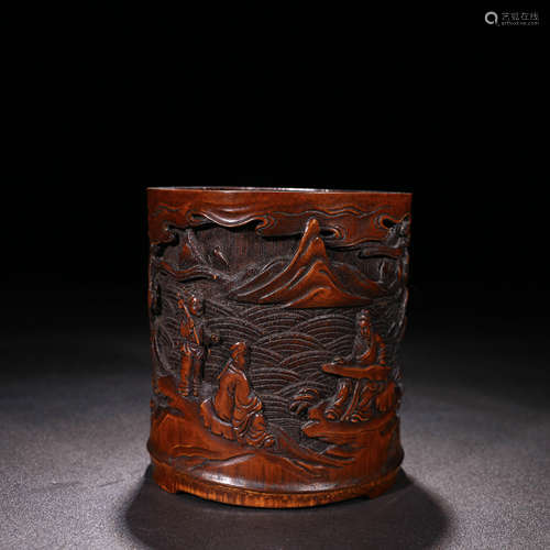 A Chinese Figure Carved Bamboo Brush Pot