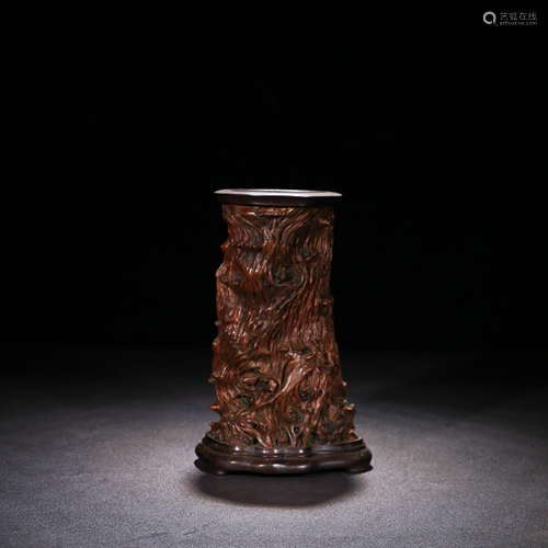 A Chinese Longan Wood Carved Brush Pot