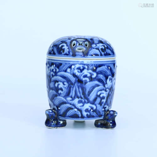 A Chinese Blue and White Sea Water Pattern Porcelain Three-legged Incense Burner