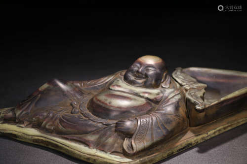 A Chinese Purple Robe Jade Belt Stone Maitreya Carved brush Washer