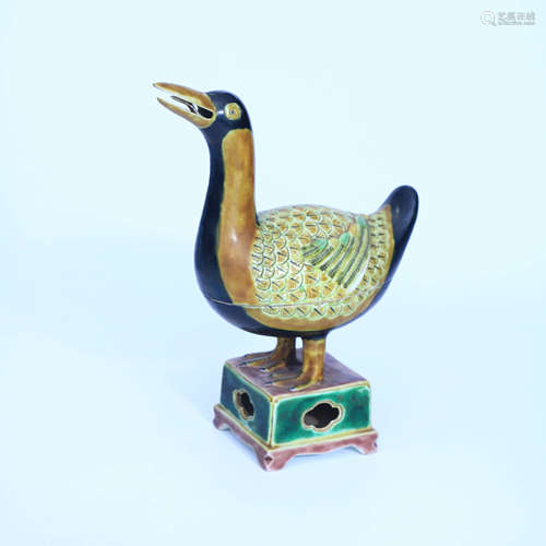 A Chinese Plain Tricolour Porcelain Duck Shaped Incense Burner