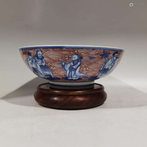 Qing Dynasty Character Blue and White Red Under Glaze Bowl, Da Qing Kang Xi Nian Zhi Mark