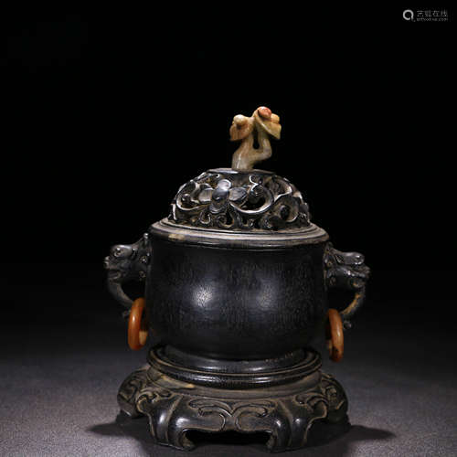 A Chinese Shoushan Stone Inlaid Red Sandalwood Incense Burner