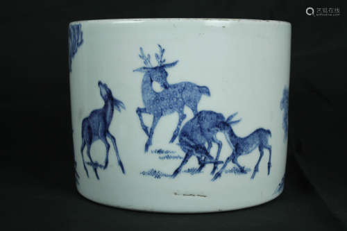 Qing Dynasty Kang Xi Pine and Deer Blue and White Porcelain Brush Pot