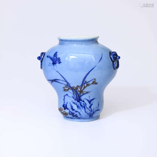 A Chinese Blue Ground Painted Porcelain Wall Vase