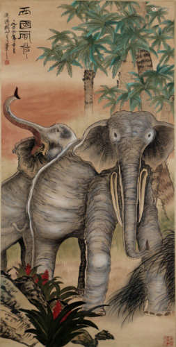 A Chinese Elephant Painting Scroll, Guan Shanyue Mark