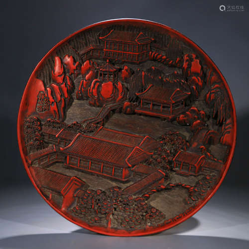 A Chinese Carved Red Lacquerware Plate