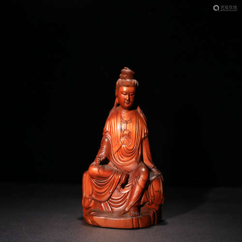 A Chinese Boxwood Carved Guanyin Statue