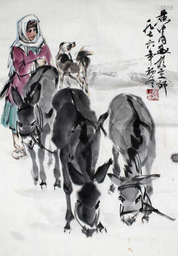 黄胄 牧驴归来 纸本托片 出版《中国名家绘画黄胄》、河野秋村旧藏