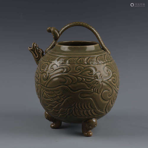 A Chinese Yaozhou Kiln Floral Carved Porcelain Handled Pot