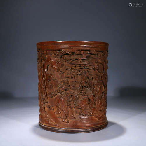 A Chinese Figure Carved Bamboo Brush Pot