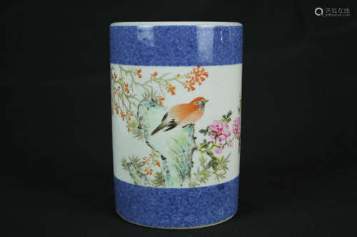 Qing Dynasty Famille Rose Flower and Bird Brush Pot, Celebrated Master Xu Da Sheng Mark