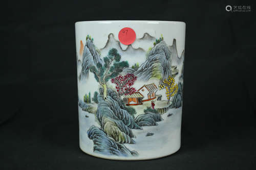 Republic Period of China, Famille Rose Landscape Character Brush Pot, Celebrated Master Zhang Zhi Tang Mark