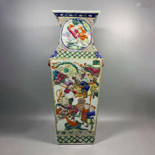 Late Qing Dynasty Five Colors Character Open Window Square Vase with Two Handles