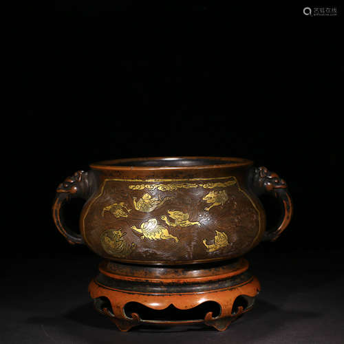 A Chinese Gild Bronze Double Ears Incense Burner