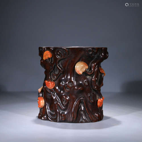 A Chinese Shoushan Stone Inlaid Red Sandalwood Brush Pot