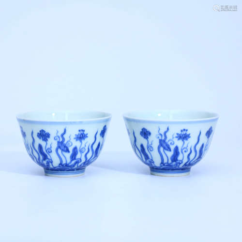 A Pair of Chinese Blue and White Floral Porcelain Cups