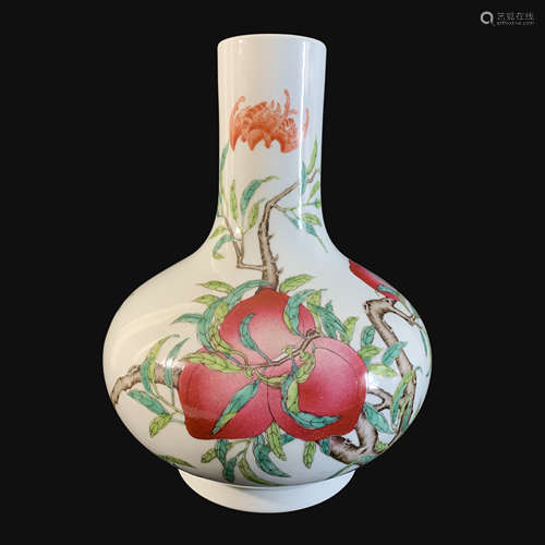 Qing Dynasty Birthday Peach Pattern Straight Neck Vase, Da Qing Guang Xu Nian Zhi Mark