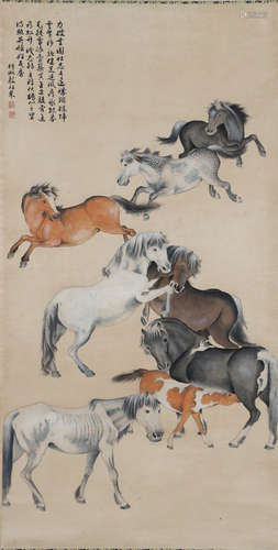 A Chinese 8 Horse Painting Scroll, Yin Zixiang Mark