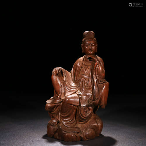 A Chinese Bamboo Carved Guanyin Statue Ornament