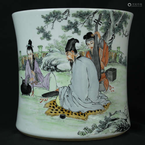 Chinese Zither and Elegant Rhyme Theme Large Character Famille Rose Brush Pot, Republic Period of China, Celebrated Master Liu Xi Ren Mark