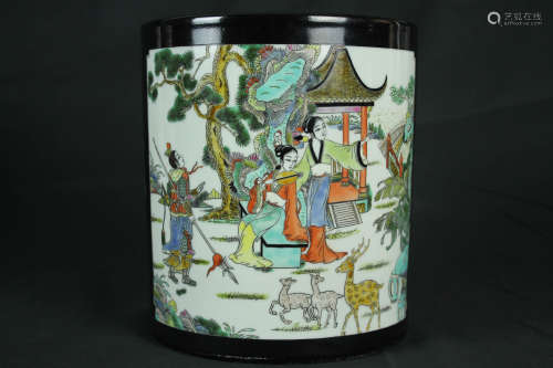 Qing Dynasty Famille Rose Black Glaze Open Frame Character Brush Pot, Da Qing Yong Zheng Nian Zhi Mark