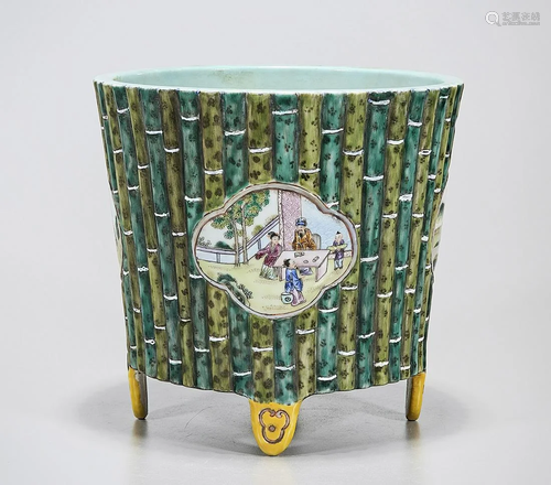 Chinese Enameled Porcelain Bamboo-Form Planter