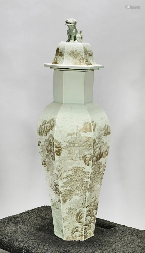 Tall Chinese Painted Porcelain Hexagonal Covered Vase