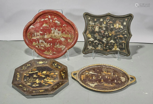 Group of Four Chinese Painted Lacquer Trays
